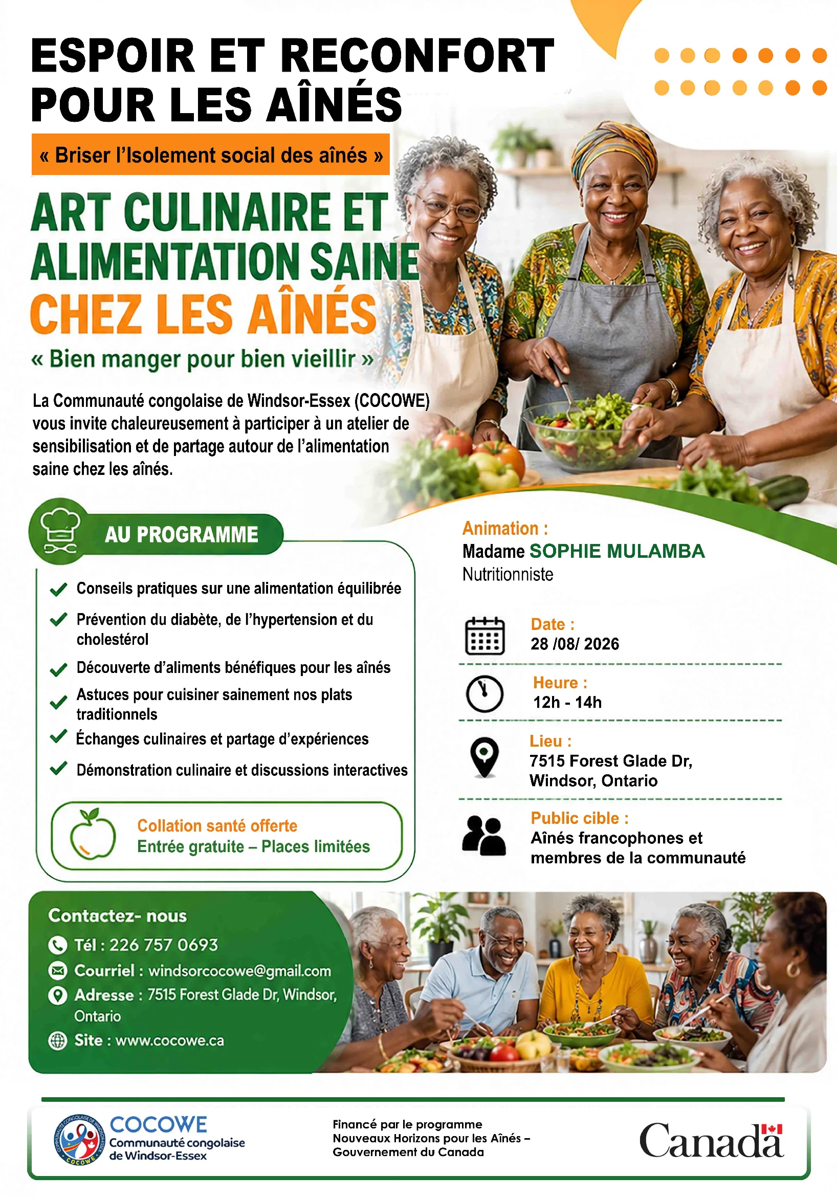 Groupe d'aînés souriants préparant ensemble un repas sain lors d'un atelier culinaire de la COCOWE au Collège Boréal