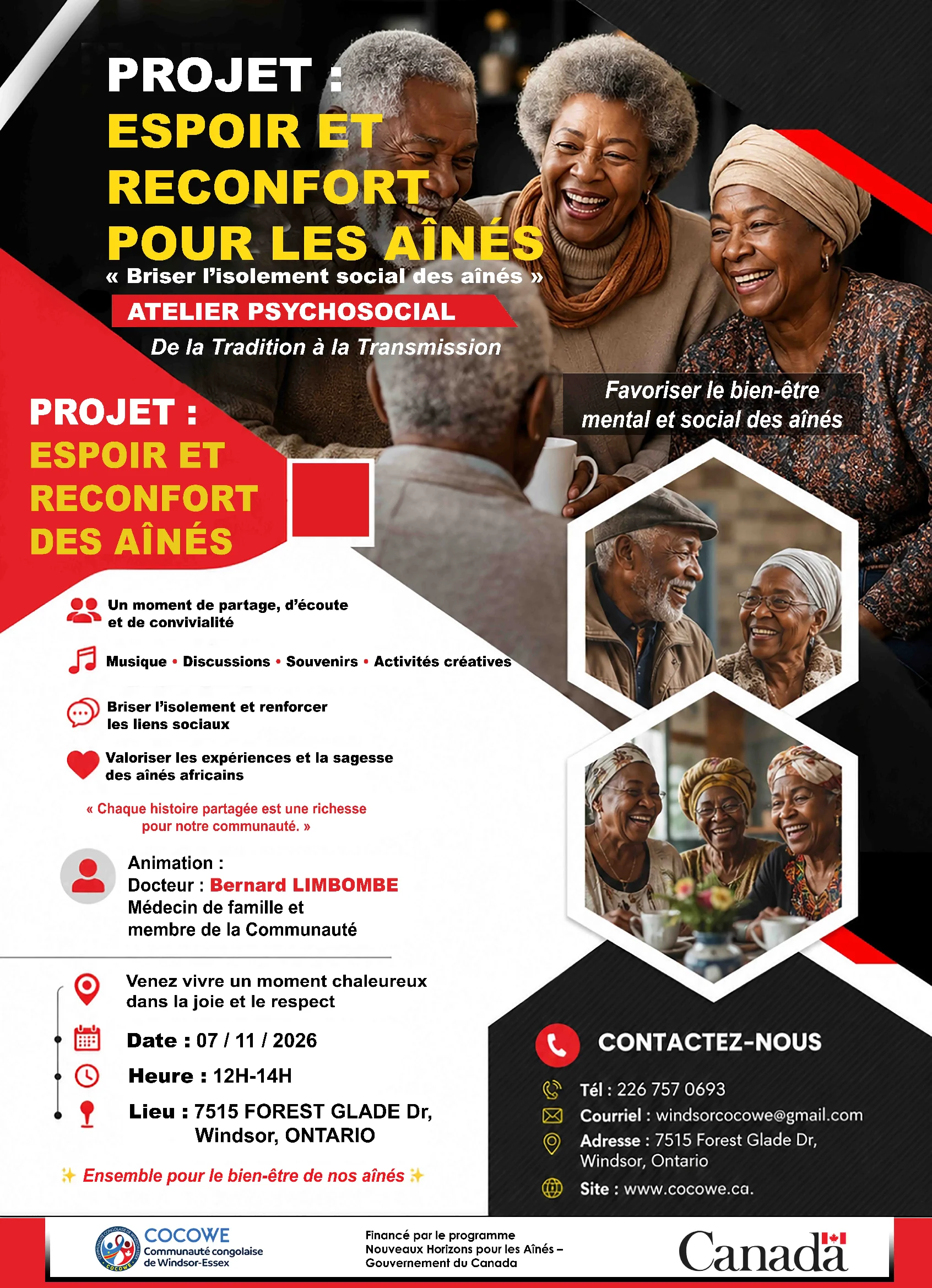 Affiche de l'atelier psychosocial organisé par la COCOWE pour les aînés à Windsor, avec le Docteur Bernard Limbombe