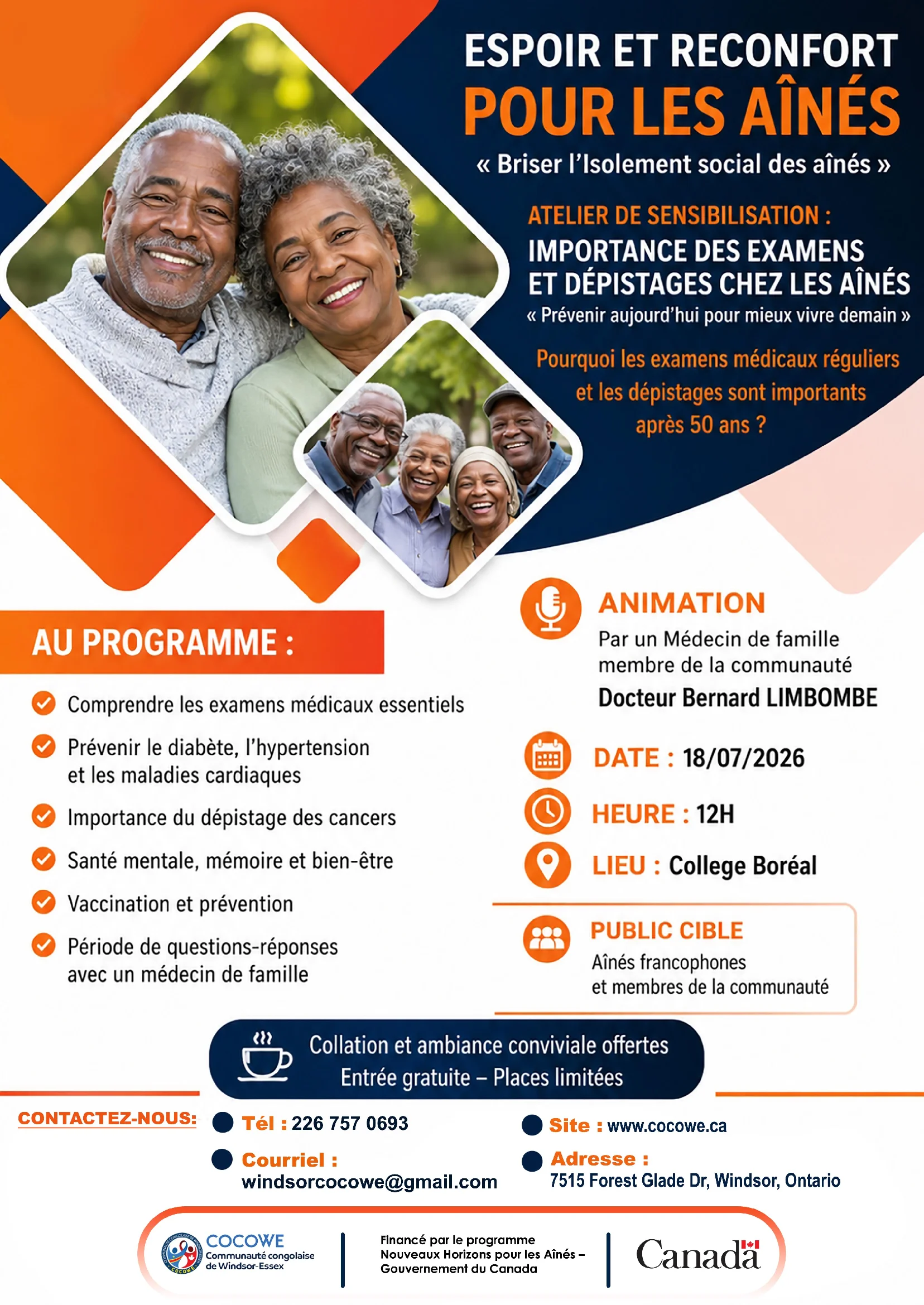 Atelier de sensibilisation à la santé pour les aînés organisé par la COCOWE avec le Docteur Bernard Limbombe au Collège Boréal.