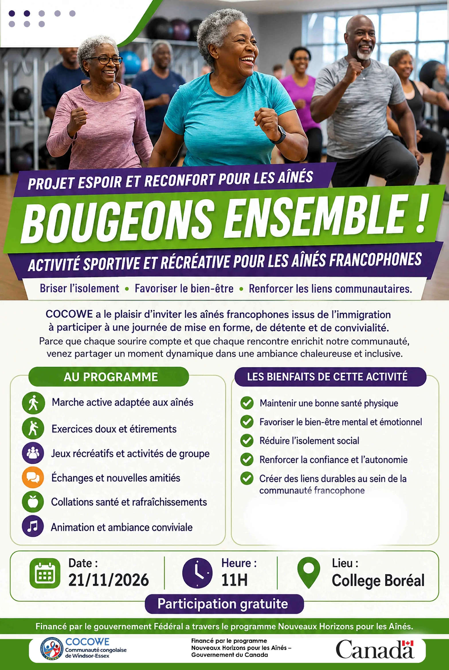 Affiche de l'activité sportive et récréative "Bougeons ensemble" pour les aînés francophones organisée par la COCOWE