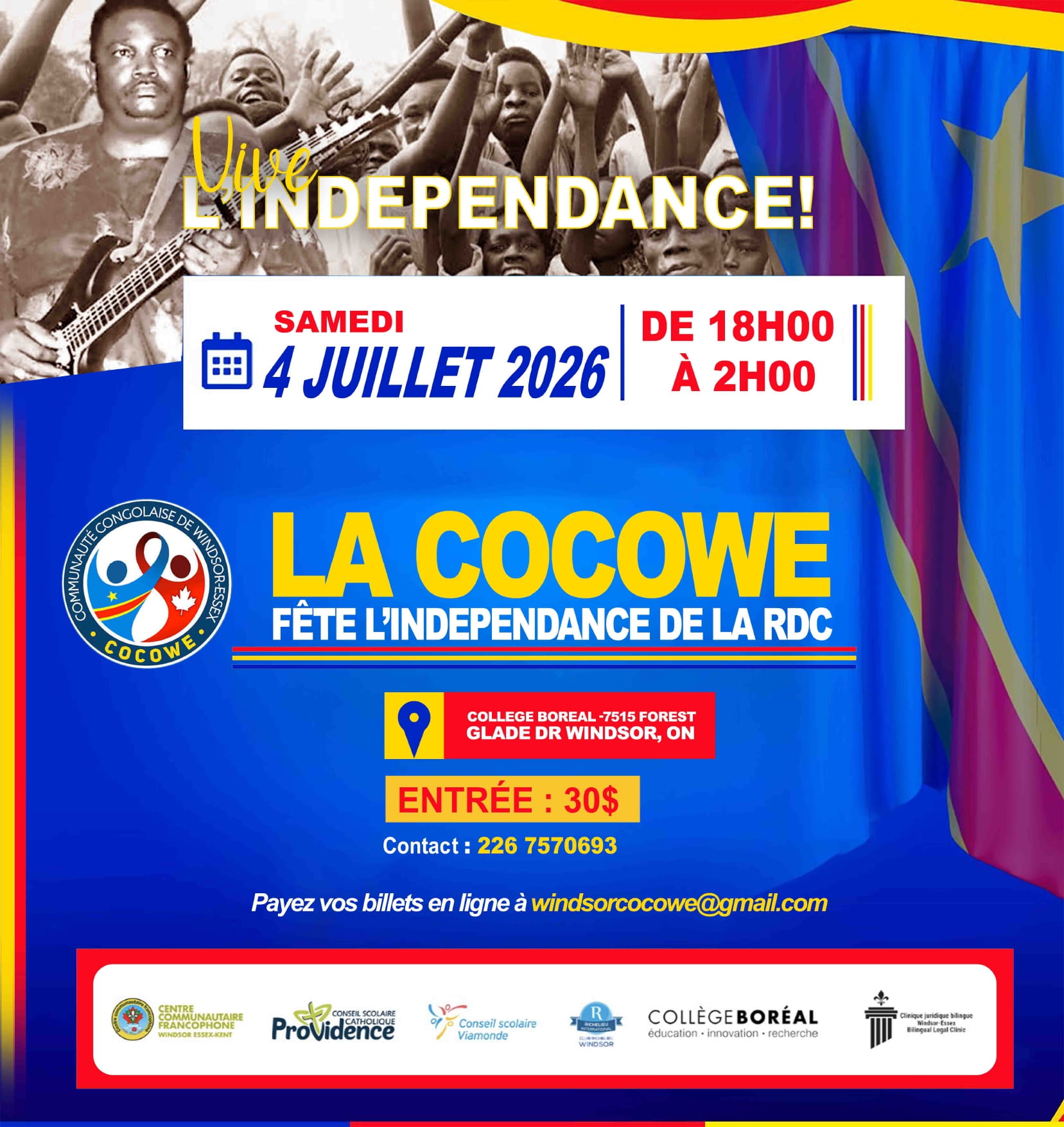 Affiche officielle de la célébration de l'indépendance de la RDC organisée par la Communauté Congolaise de Windsor-Essex (Cocowe) le 4 juillet 2026 à Windsor.