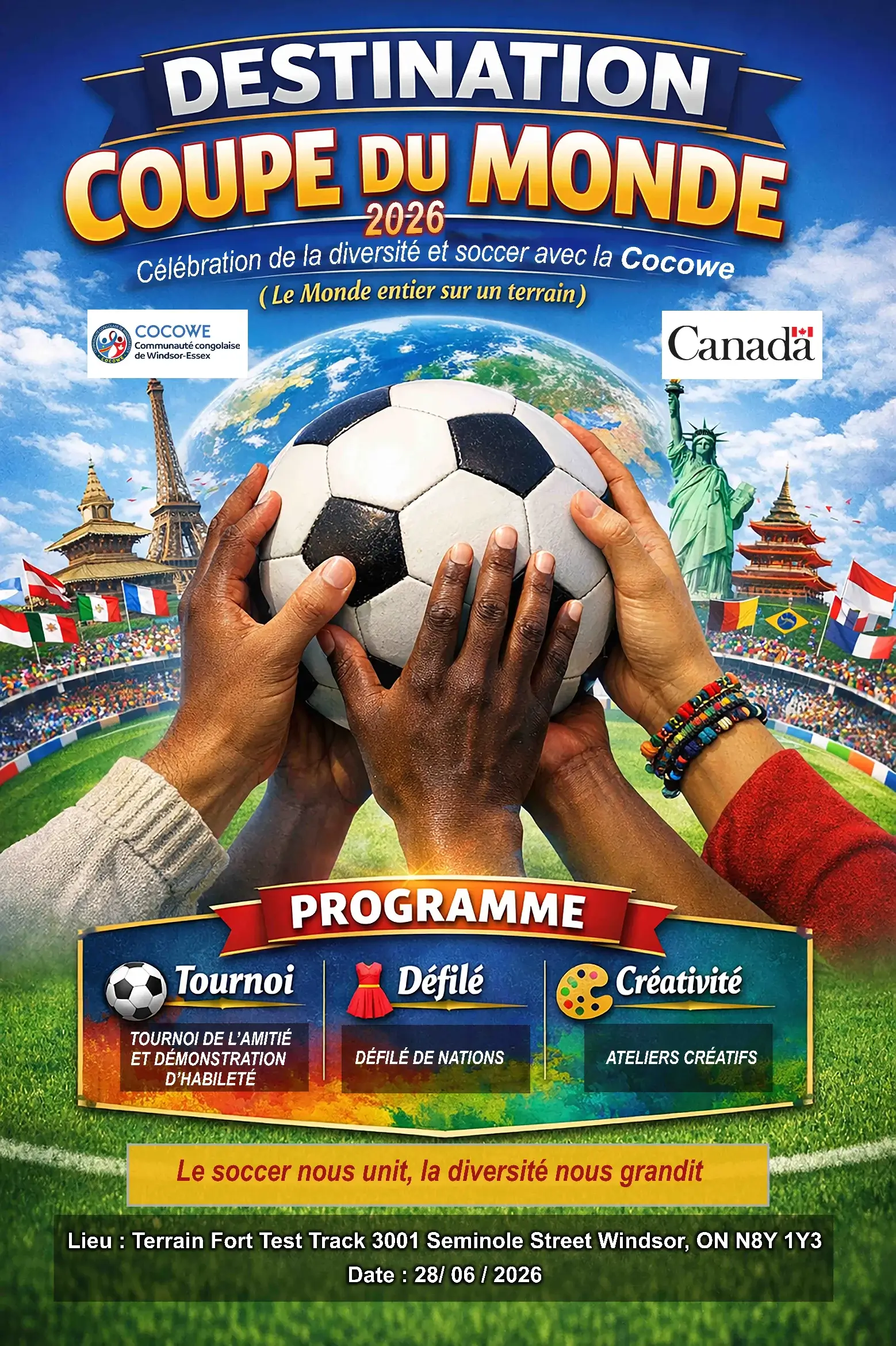 Affiche de l'événement "Destination Coupe du Monde 2026" organisé par la COCOWE à Windsor, mettant en avant la diversité et le soccer.