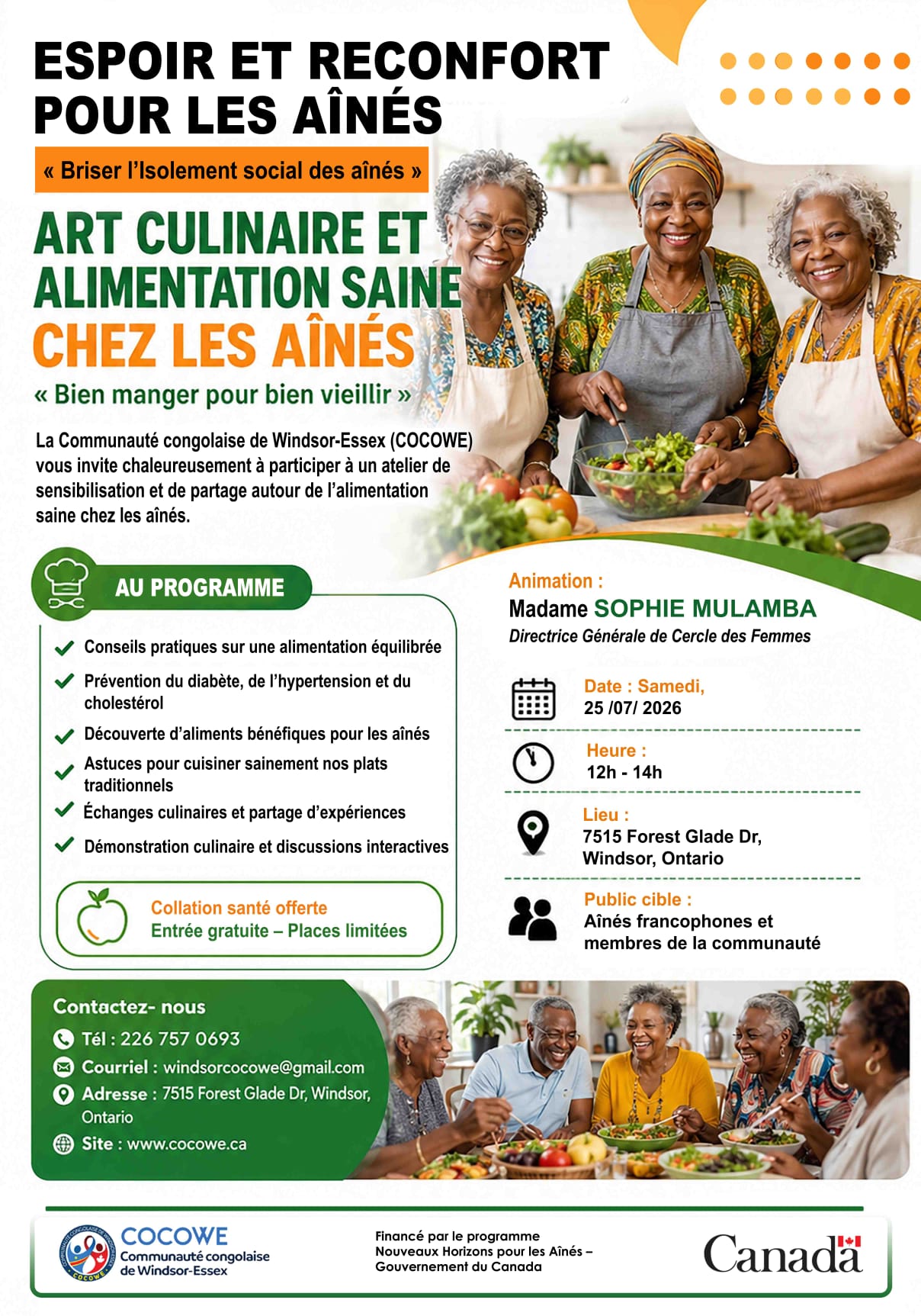 Rejoignez Sophie Mulamba pour un atelier culinaire gratuit le 25 juillet 2026 au 7515 Forest Glade Dr à Windsor. Apprenez à cuisiner sainement avec la COCOWE.