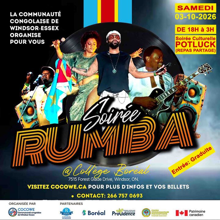 Affiche de la Soirée Rumba organisée par la Communauté Congolaise de Windsor-Essex (COCOWE) au Collège Boréal.